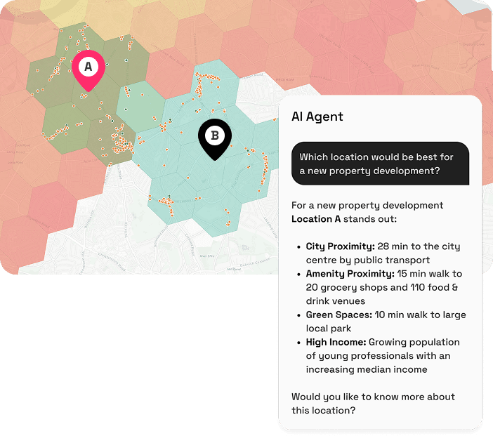 London map with the AI Agent chat card showing two candidate property development locations