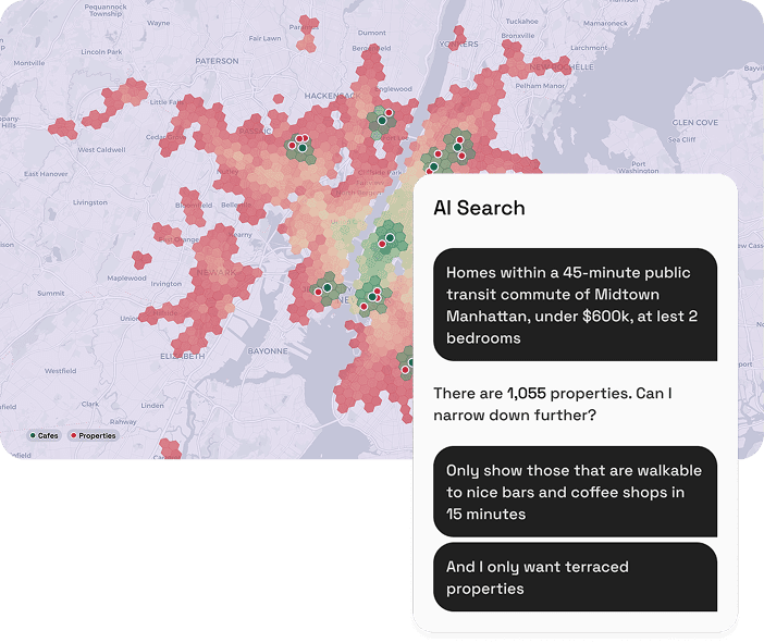 Map showing travel-time isochrones around Manhattan with the AI Search chat card