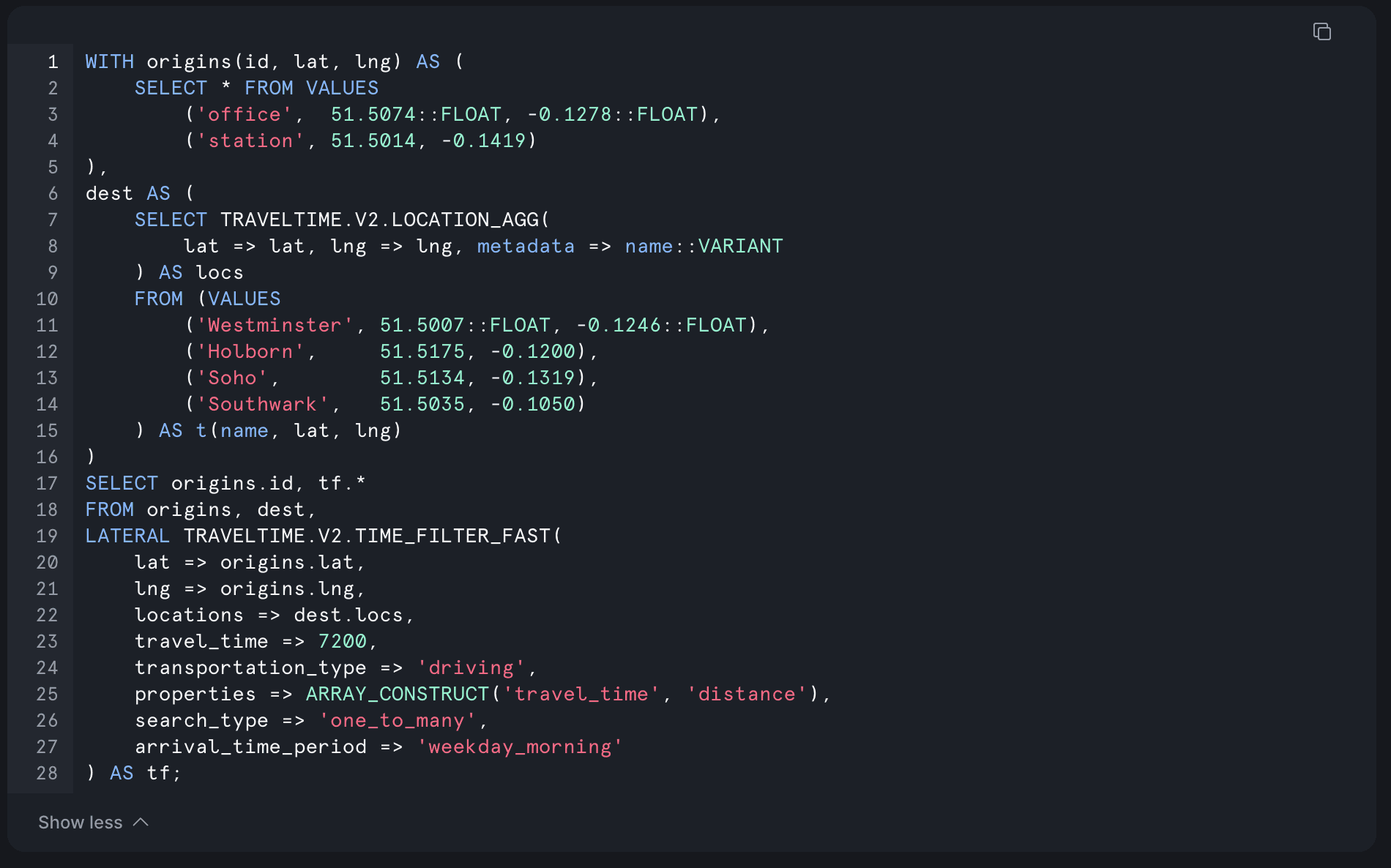 SQL query calling TravelTime functions from Snowflake