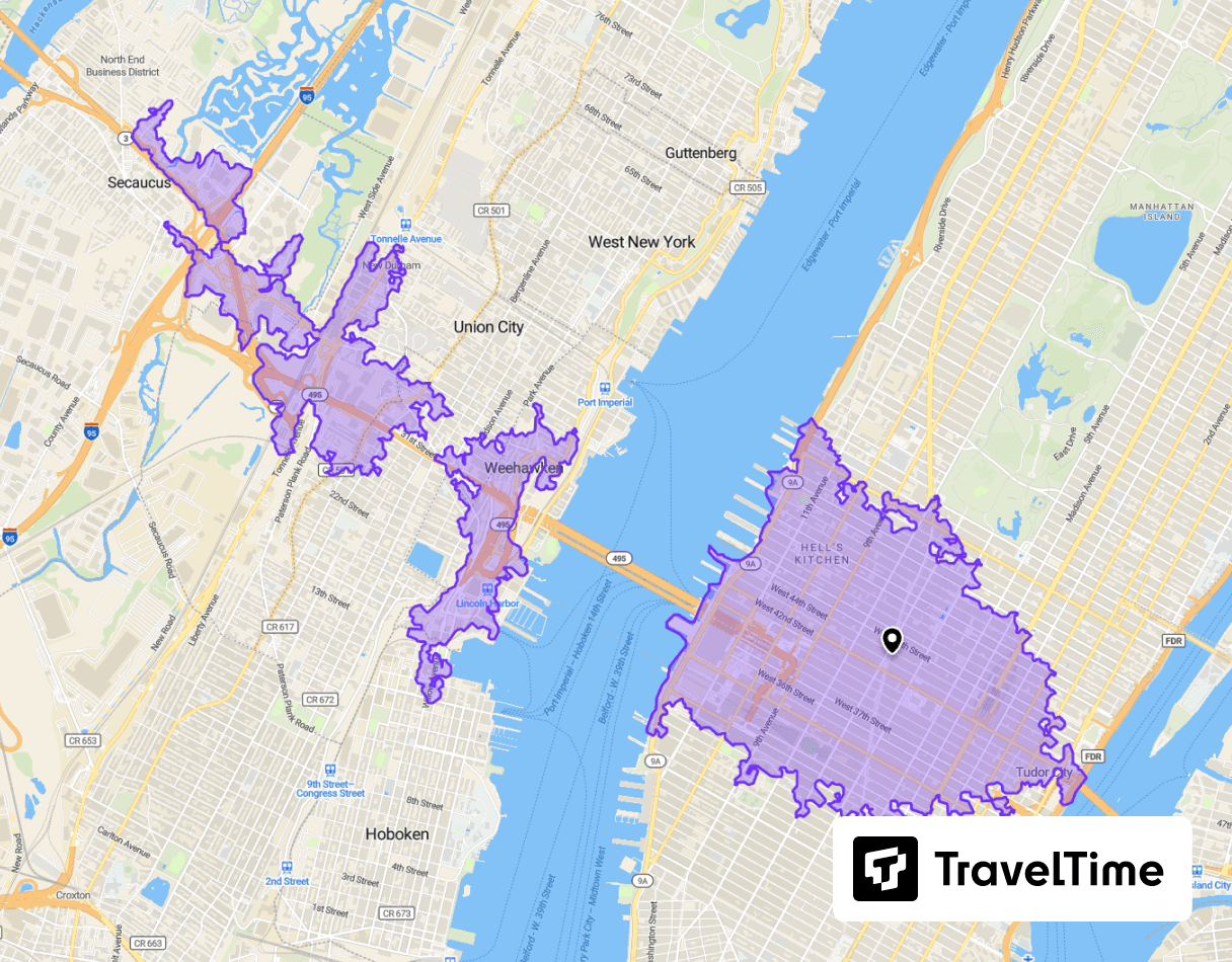 TravelTime 4 hours isochrone