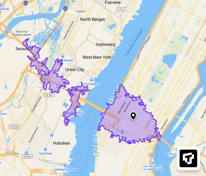 Traveltime 15 minutes isochrone