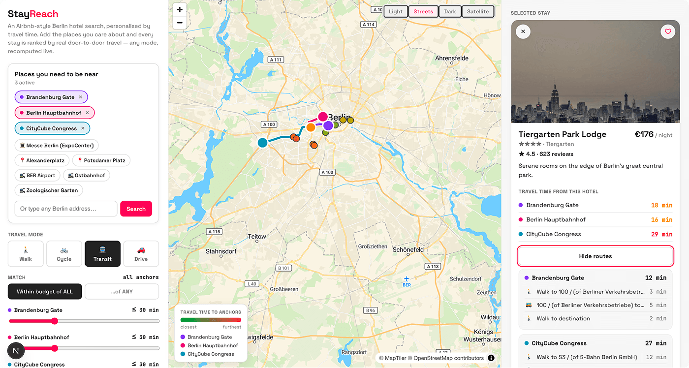 Property search map interface with travel-time filters and listing results