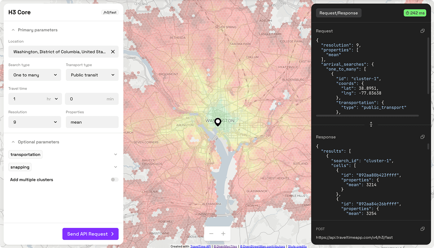 H3 Core isochrone heatmap over a city map with API request and response panels
