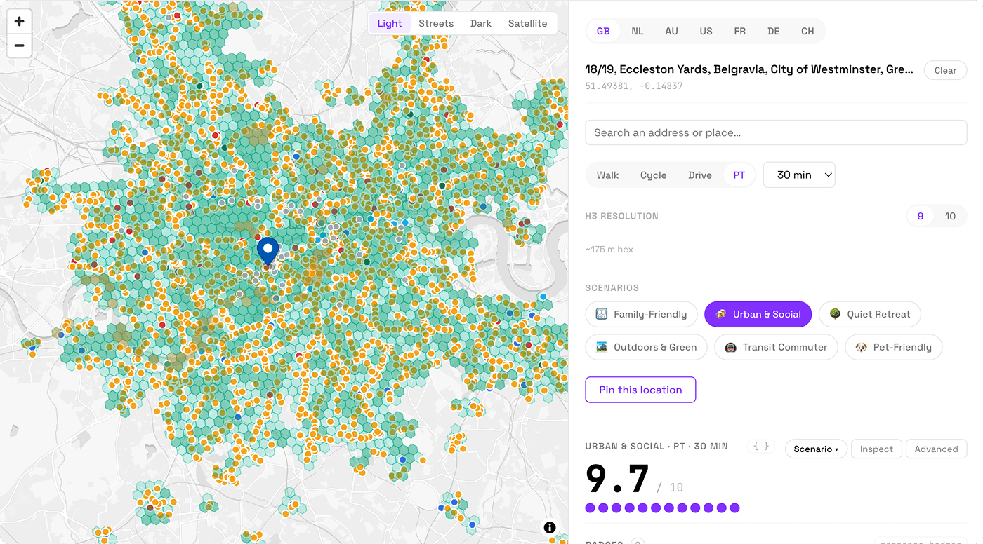 Map with POI density overlay, location filters, and a location score of 9.7