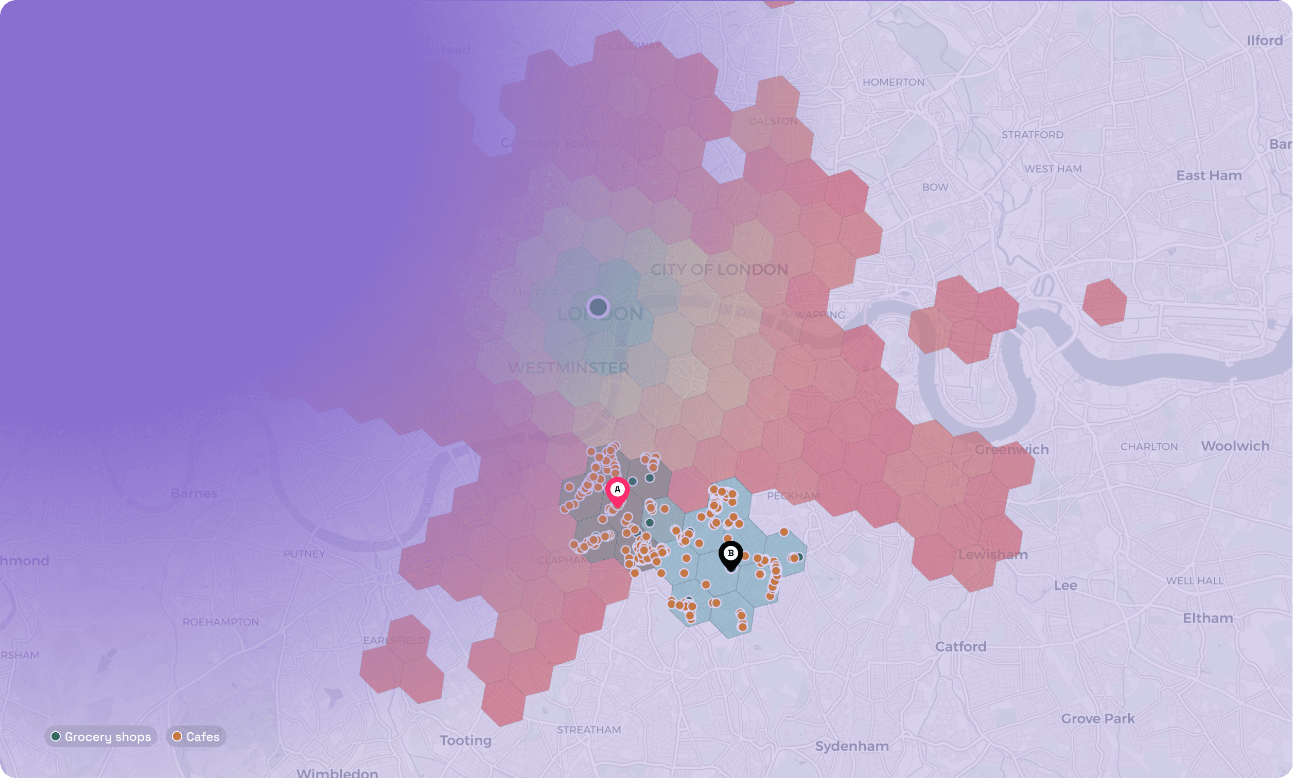 London map showing an AI agent reasoning with travel-time data