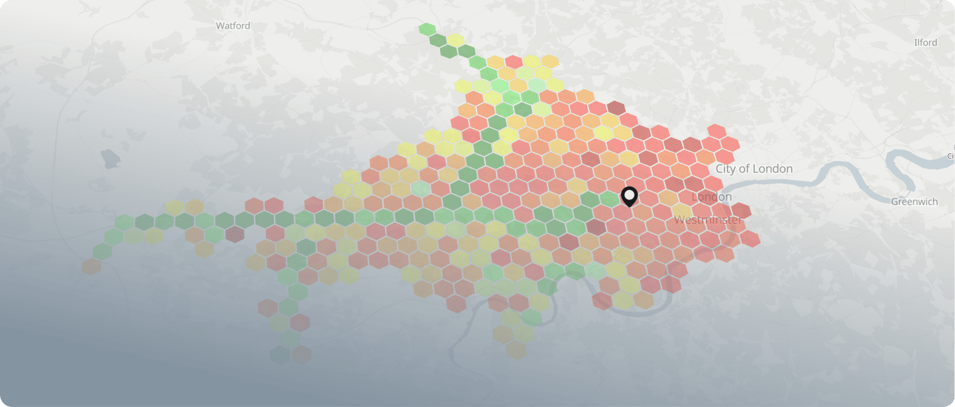 Sustainability H3 map — CO2 emissions 30 min drive London