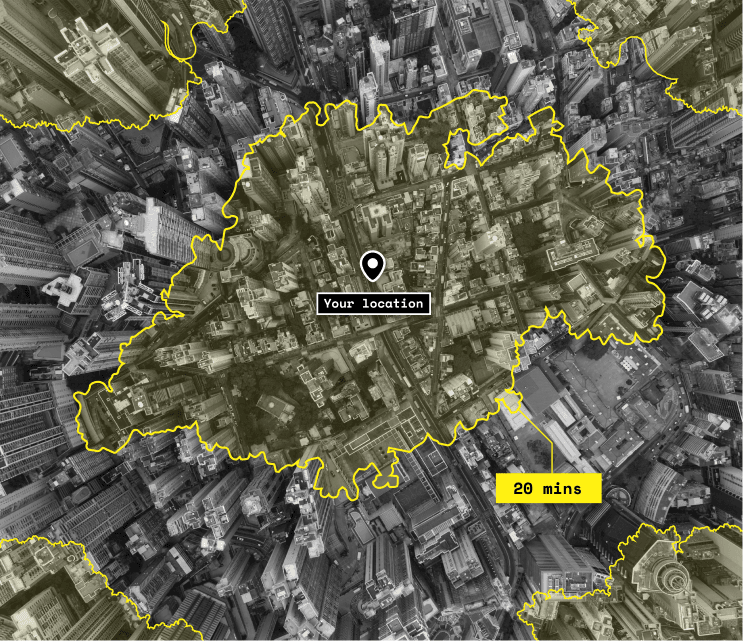 image of an isochrone in aerial view of city