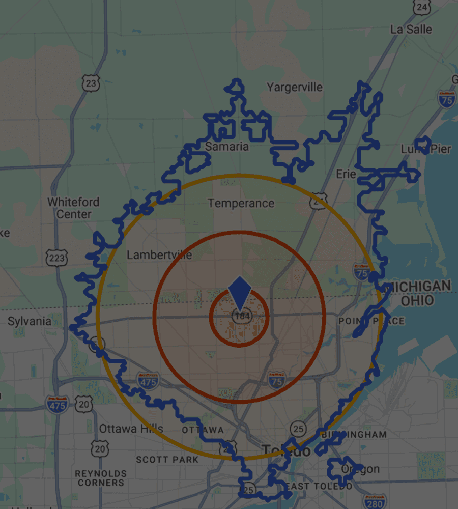 Travel time catchment rings around a property on a CoStar map