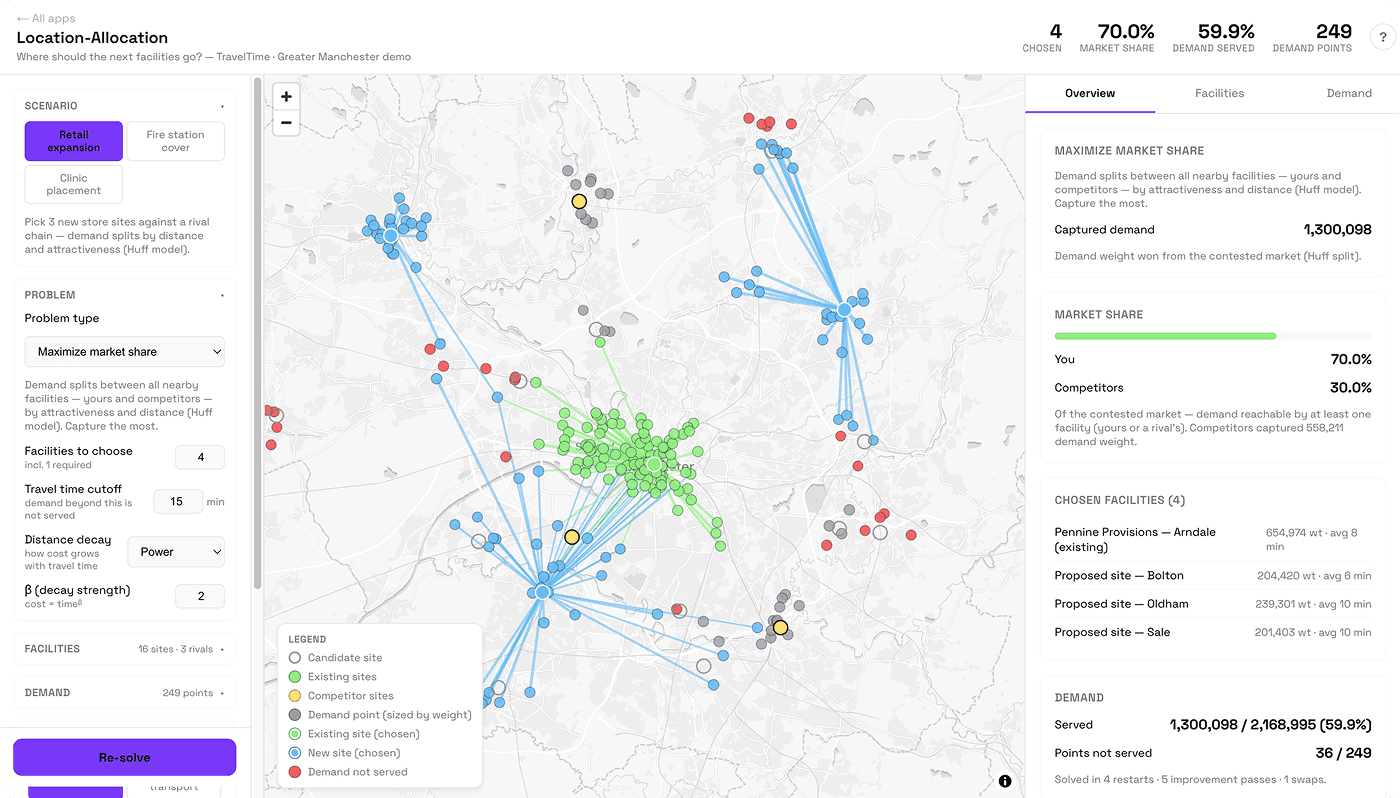 TravelTime console showing multi-modal route calculation and catchment areas