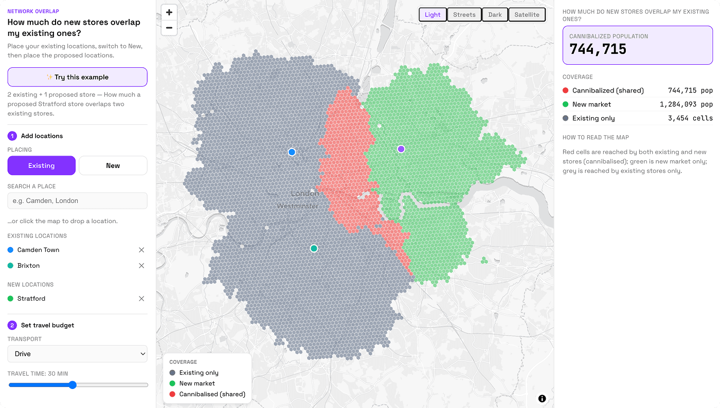 H3 hexagon travel-time heatmap over a city map with a large calculation count