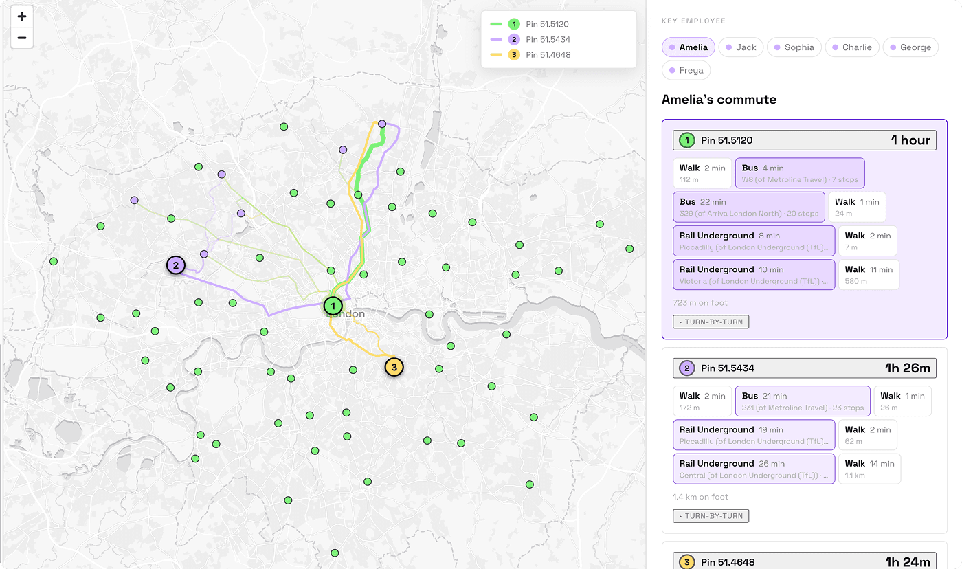 Route map with a multi-modal journey path and a fare/duration comparison panel