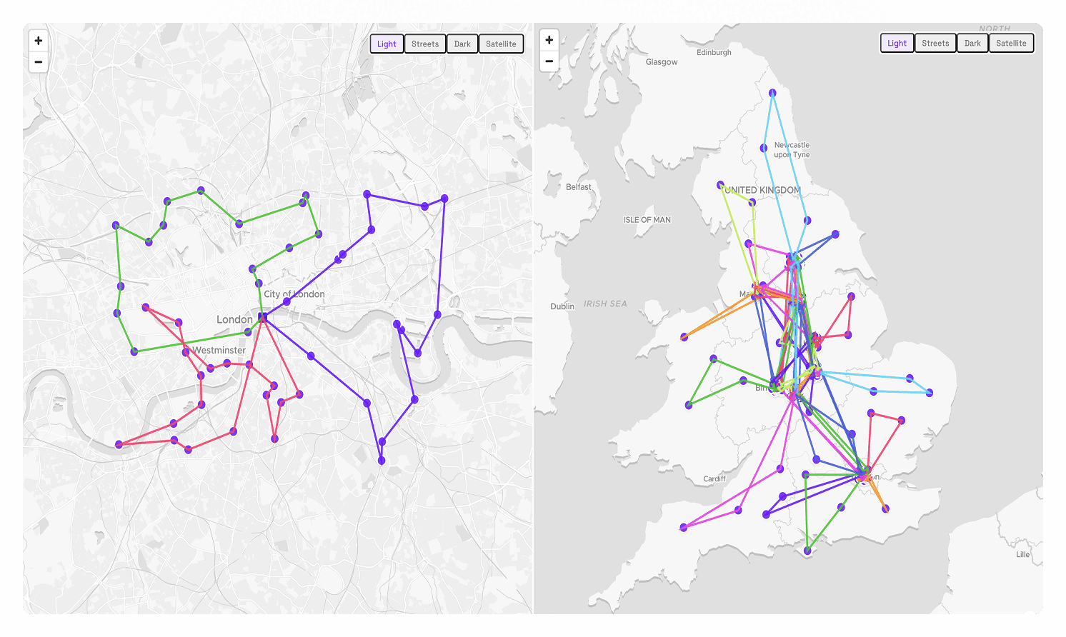 Two side-by-side maps showing multi-stop delivery routes and vehicle routing problem solutions